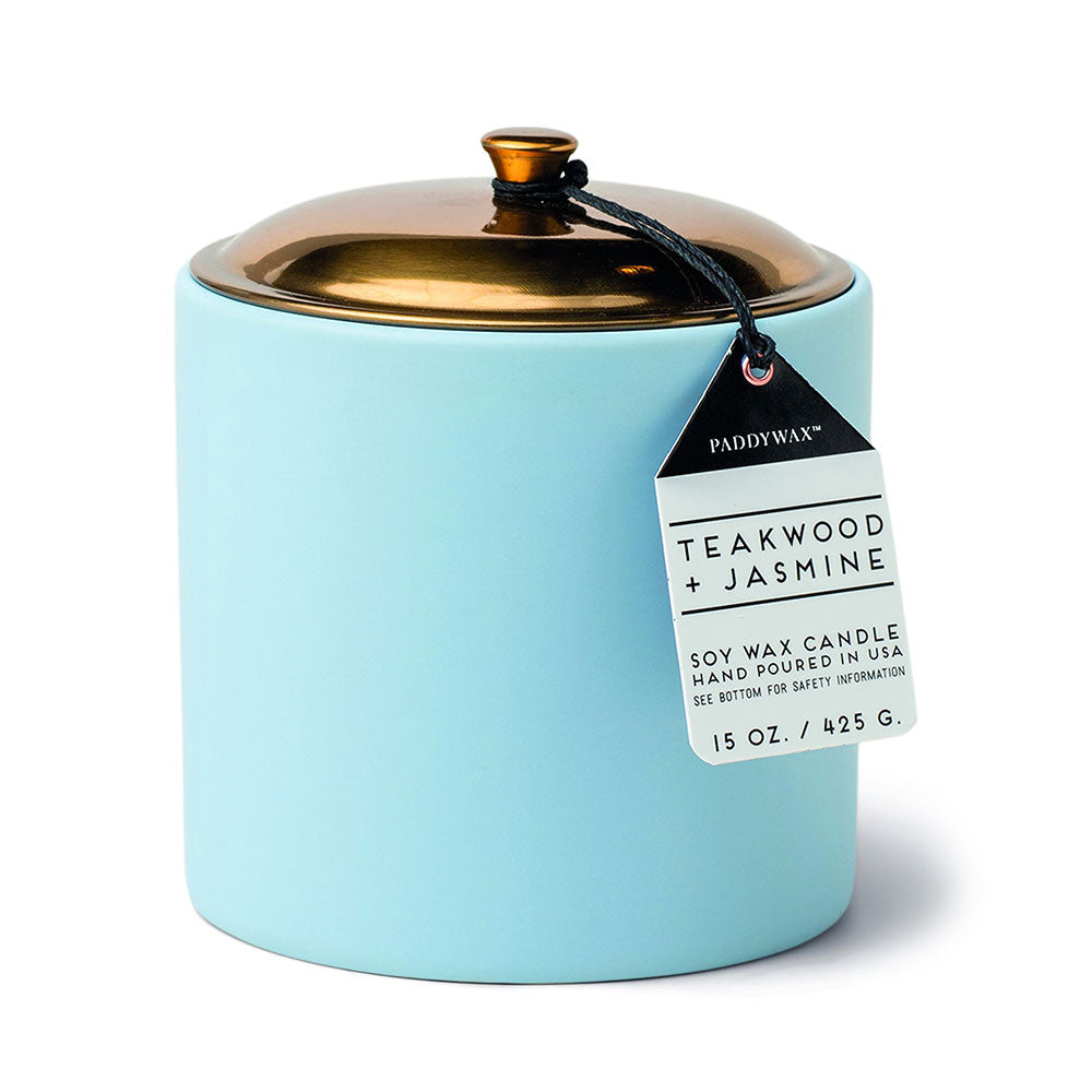 Hygge Jasmine & Teakwood Vela en azul helado de cerámica