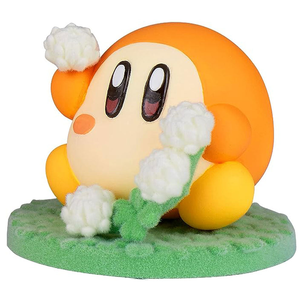 Kirby Fluffy Puffy Mine brincando na figura da flor