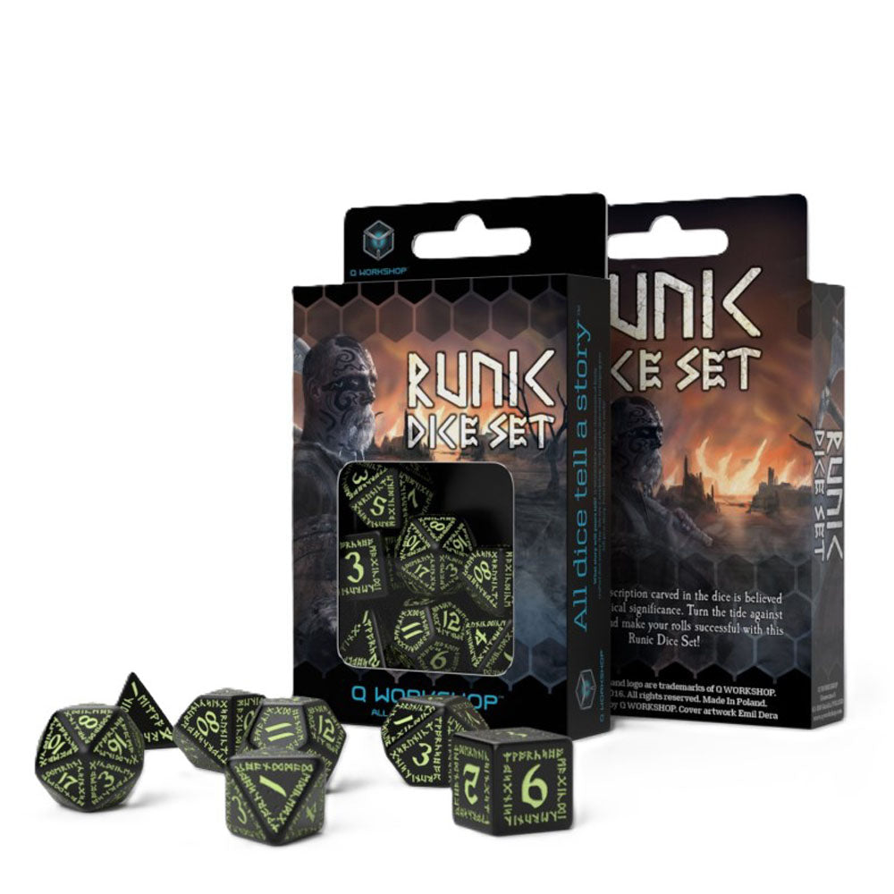 Q Workshop Runic Glow In The Dark Dice Set 7pcs (Black)