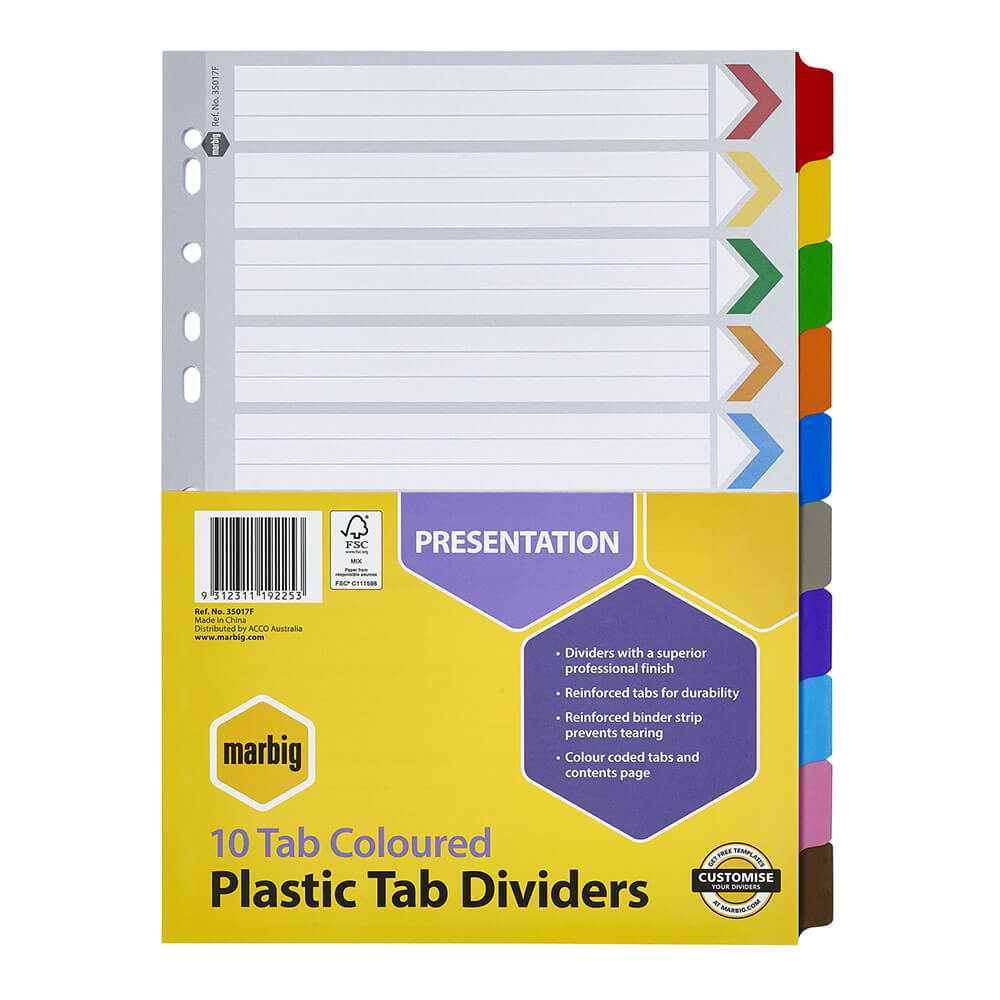 Marbig Manilla Plastic Tab Dividers A4 (Coloured)