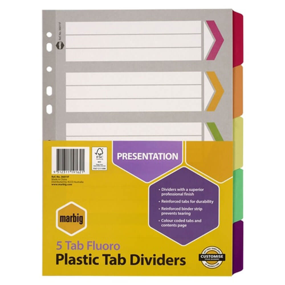 MARBIG MANILLA PLASTID TAB Dividers A4 (Fluoro)