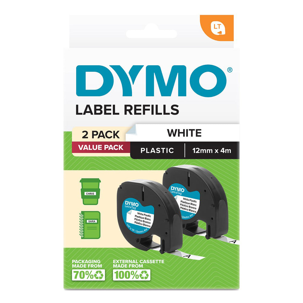 Dymo letratag plastiketiket tape 12x4mm (pakke med 2)