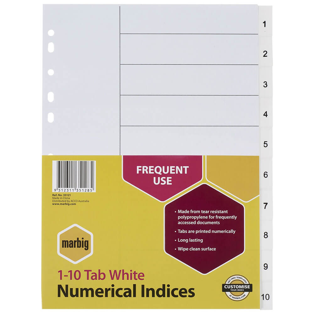 Marbig numeriska index & avdelare A4 (vit)