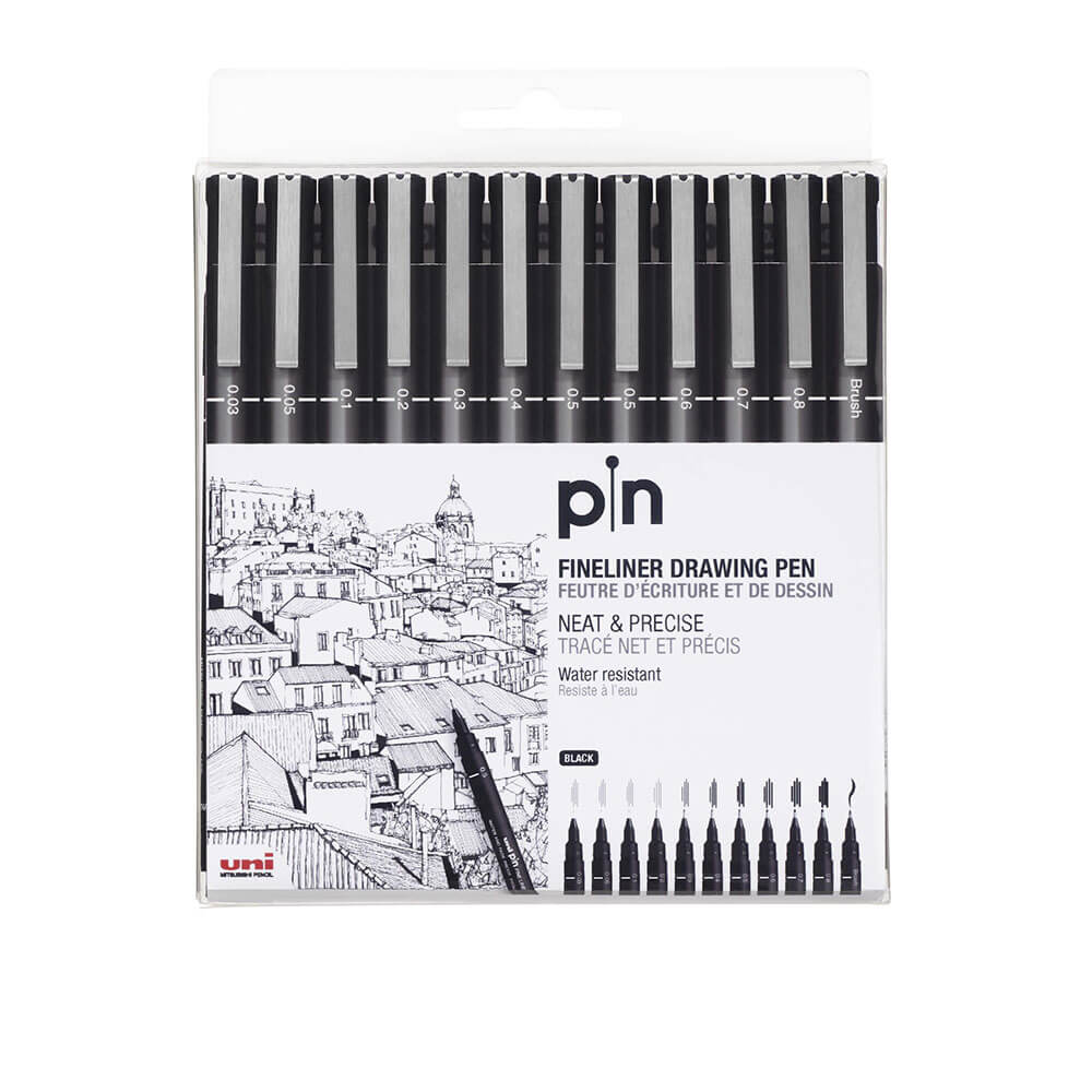 Uni Pin Fine Line Drawing Pen 12PCS (zwart)